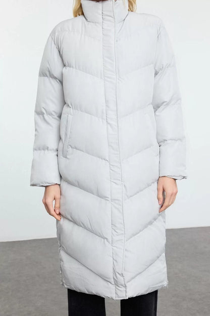 Women Fashion Stylish Regular Stand Collar Long Plain Lined Side Zipper Detail Water Repellent Long Puffer Coat