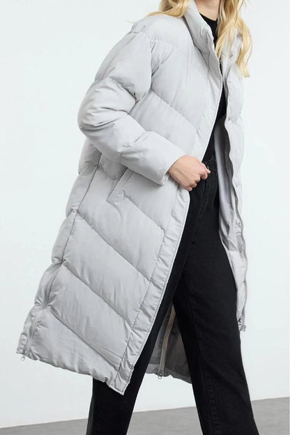 Women Fashion Stylish Regular Stand Collar Long Plain Lined Side Zipper Detail Water Repellent Long Puffer Coat