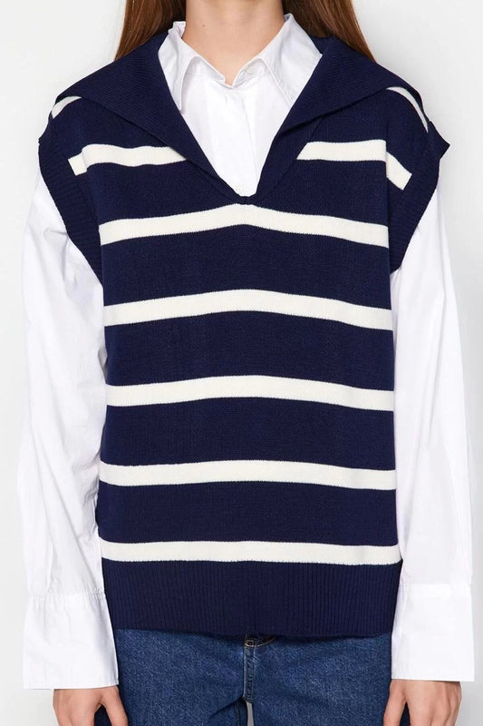 Women Fashion Stylish Turn-down Collar Standard Sleeve Regular Striped Knitted Sweater