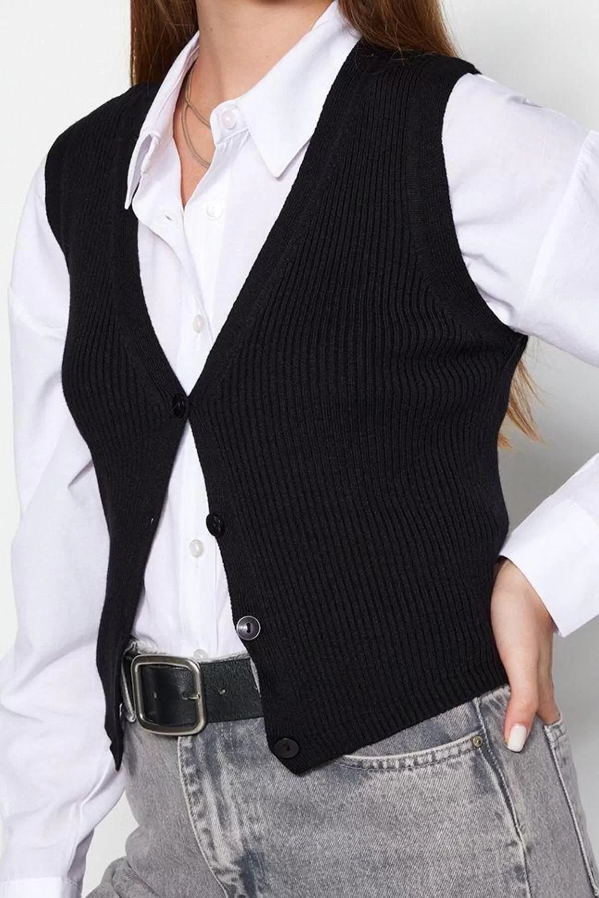 Women Fashion Stylish V Neck Standard Sleeve Regular Special Yarn Knitwear Vest