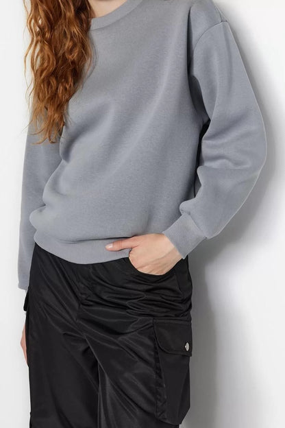 Women's Regular Crew Neck Low Sleeve Regular Thick Polar Fleece Regular Fit Basic Knitted Sweatshirt