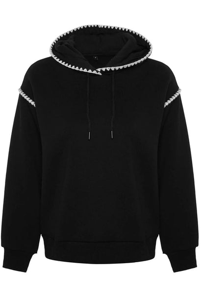 Women's Fashion Stylish Regular Hooded Low Sleeve Regular Crochet Detail Thick Polar Fleece Knitted Sweatshirt