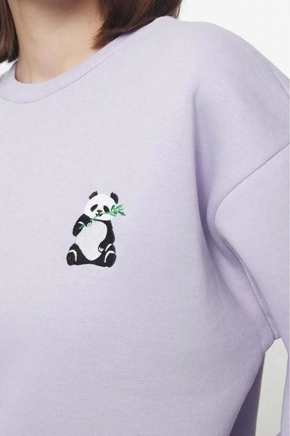 Women's Crew Neck Standard Sleeve Animal Embroidered Regular Fit Thick Polar Fleece Knitted Sweatshirt