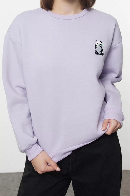 Women's Crew Neck Standard Sleeve Animal Embroidered Regular Fit Thick Polar Fleece Knitted Sweatshirt