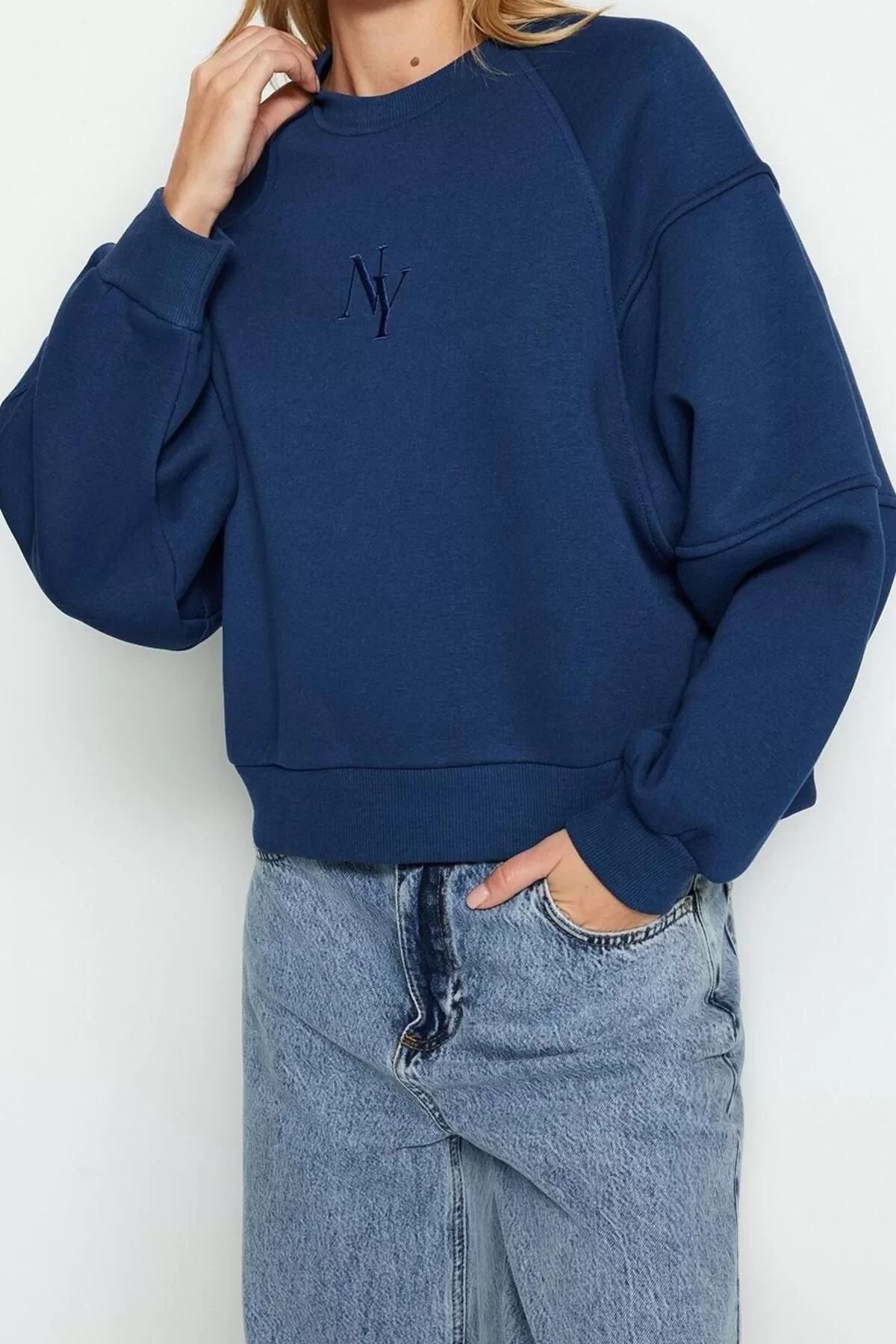 Women Fashion Stylish Regular Crew Neck Low Sleeve Crop Fit Embroidered Thick Fleece Knitted Sweatshirt