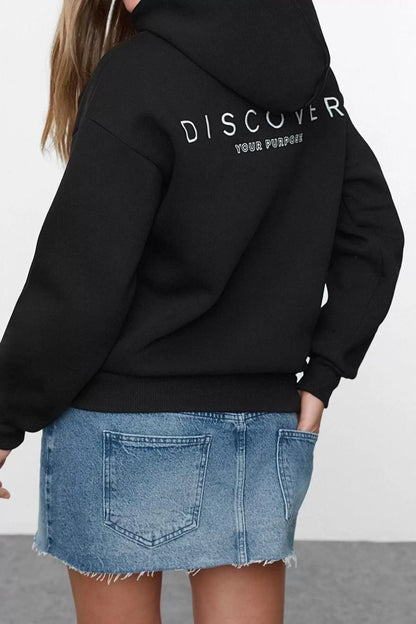 Women's Fashion Loose Hooded Low Sleeve Long Back Printed Wide Cut Thick Fleece Inside Knitted Sweatshirt