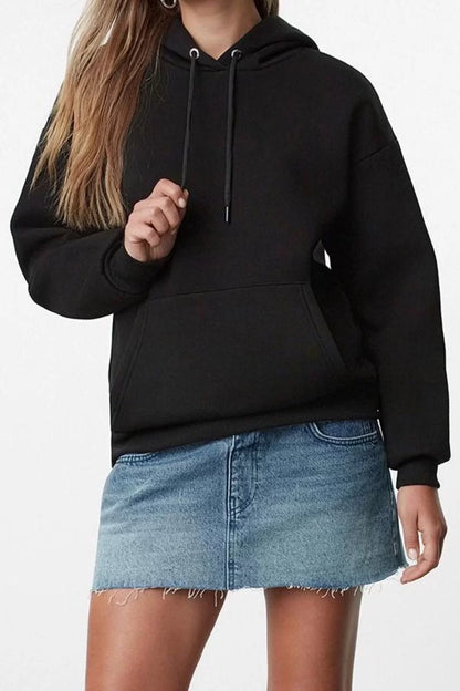 Women's Fashion Loose Hooded Low Sleeve Long Back Printed Wide Cut Thick Fleece Inside Knitted Sweatshirt