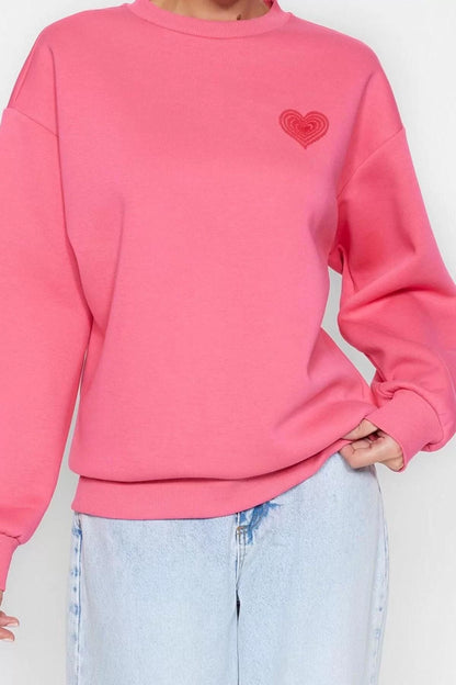 Women's Oversize Crew Neck Low Sleeve Long Thick Fleece Back Embossed Printed Knitted Sweatshirt