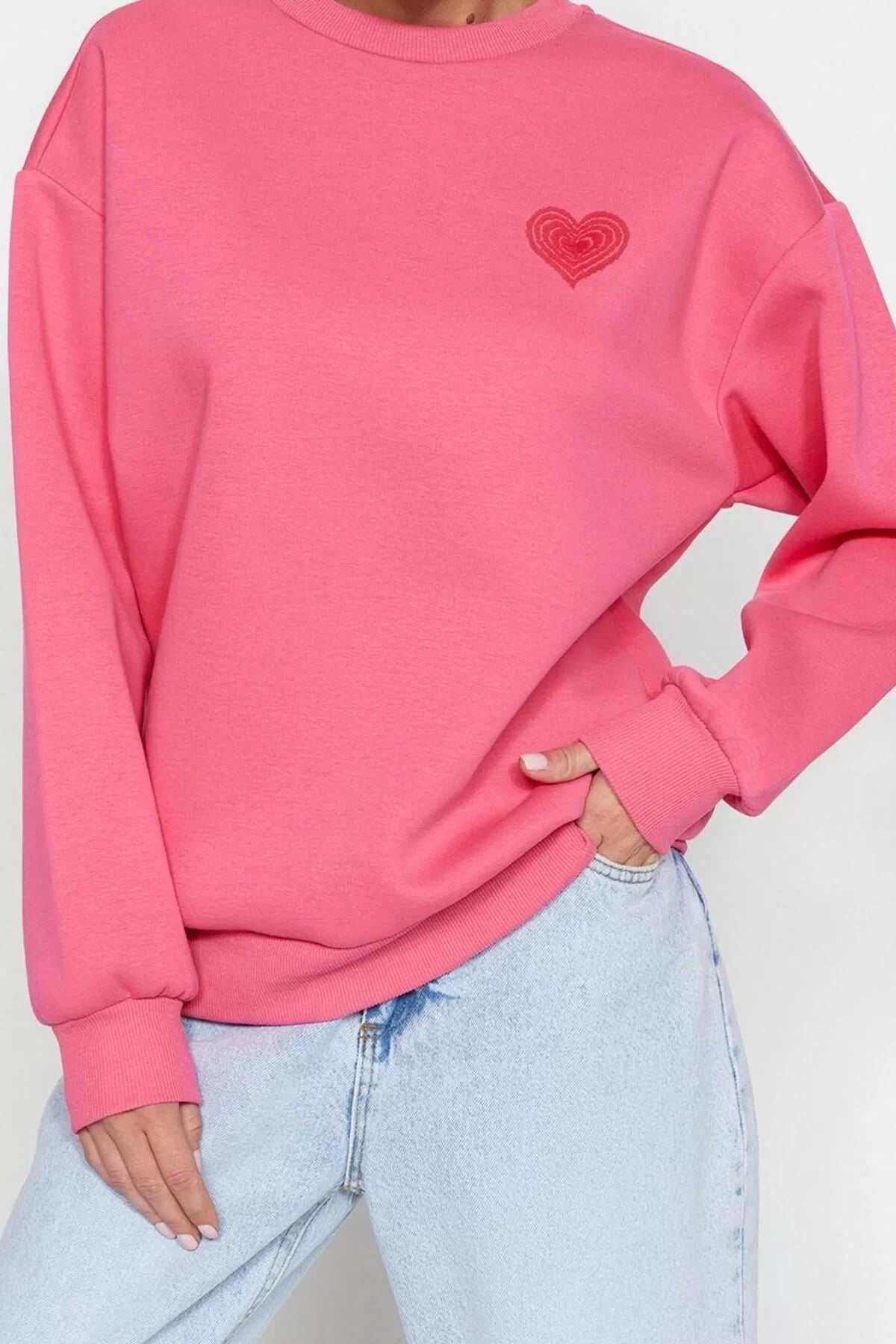 Women's Oversize Crew Neck Low Sleeve Long Thick Fleece Back Embossed Printed Knitted Sweatshirt