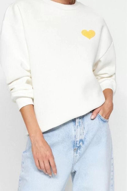 Women's Oversize Crew Neck Low Sleeve Long Thick Fleece Back Embossed Printed Knitted Sweatshirt