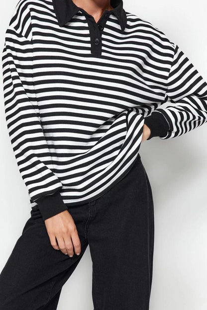 Women's Fashion Oversize Polo Neck Low Sleeve Regular Striped Polo Neck Thick Polar Fleece Knitted Sweatshirt