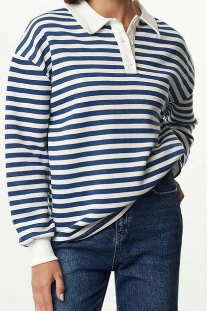 Women's Fashion Oversize Polo Neck Low Sleeve Regular Striped Polo Neck Thick Polar Fleece Knitted Sweatshirt