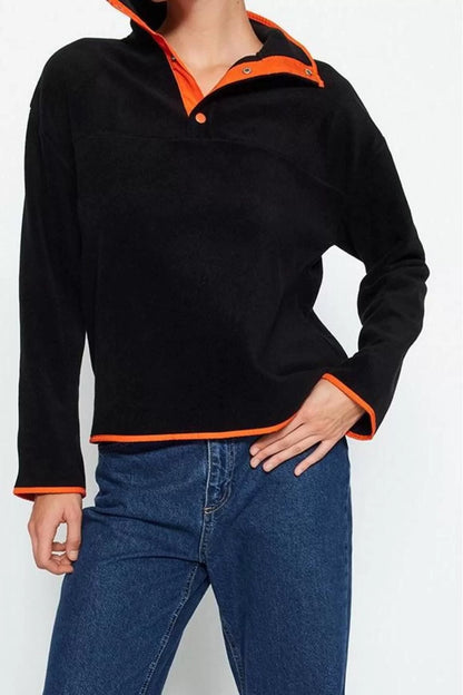 Women's Fashion Stylish Regular Stand Collar Low Sleeve Regular Snap Button Regular Fit Pocket Polar Fleece Knitted Sweatshirt