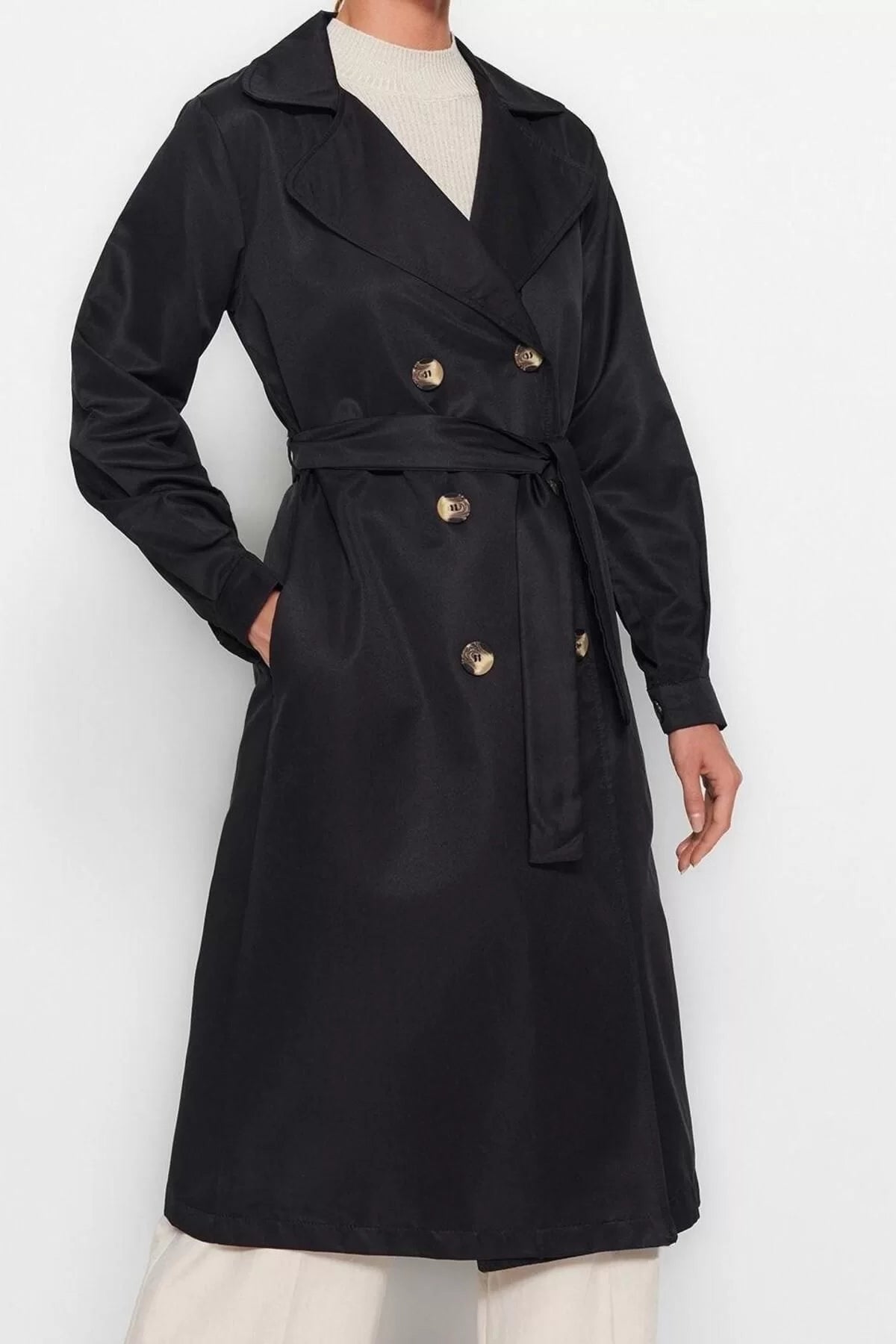 Women Fashion Stylish Oversize Jacket Collar Long Plain Unlined Belted Water Repellent Long Trench Coat