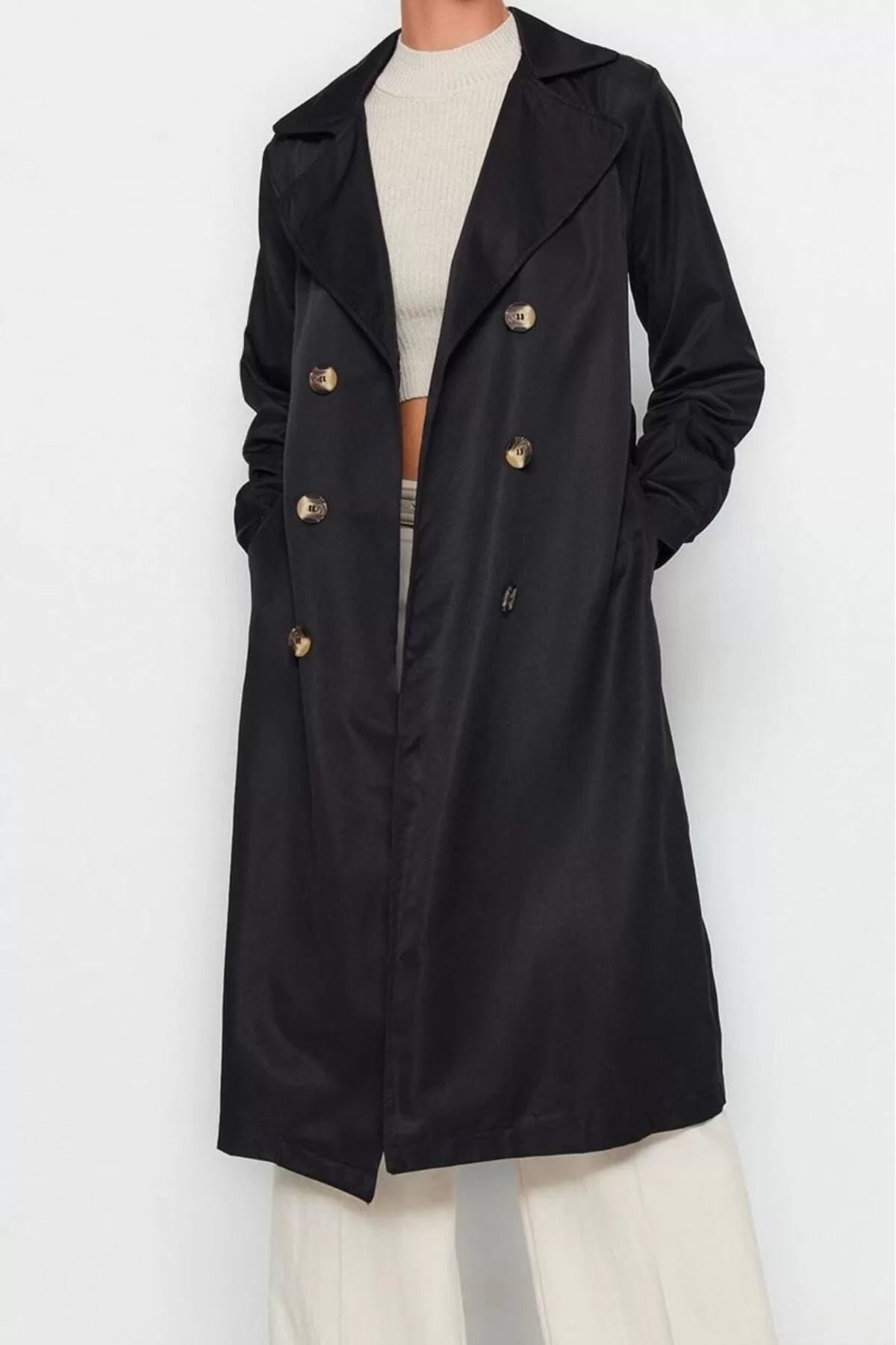 Women Fashion Stylish Oversize Jacket Collar Long Plain Unlined Belted Water Repellent Long Trench Coat