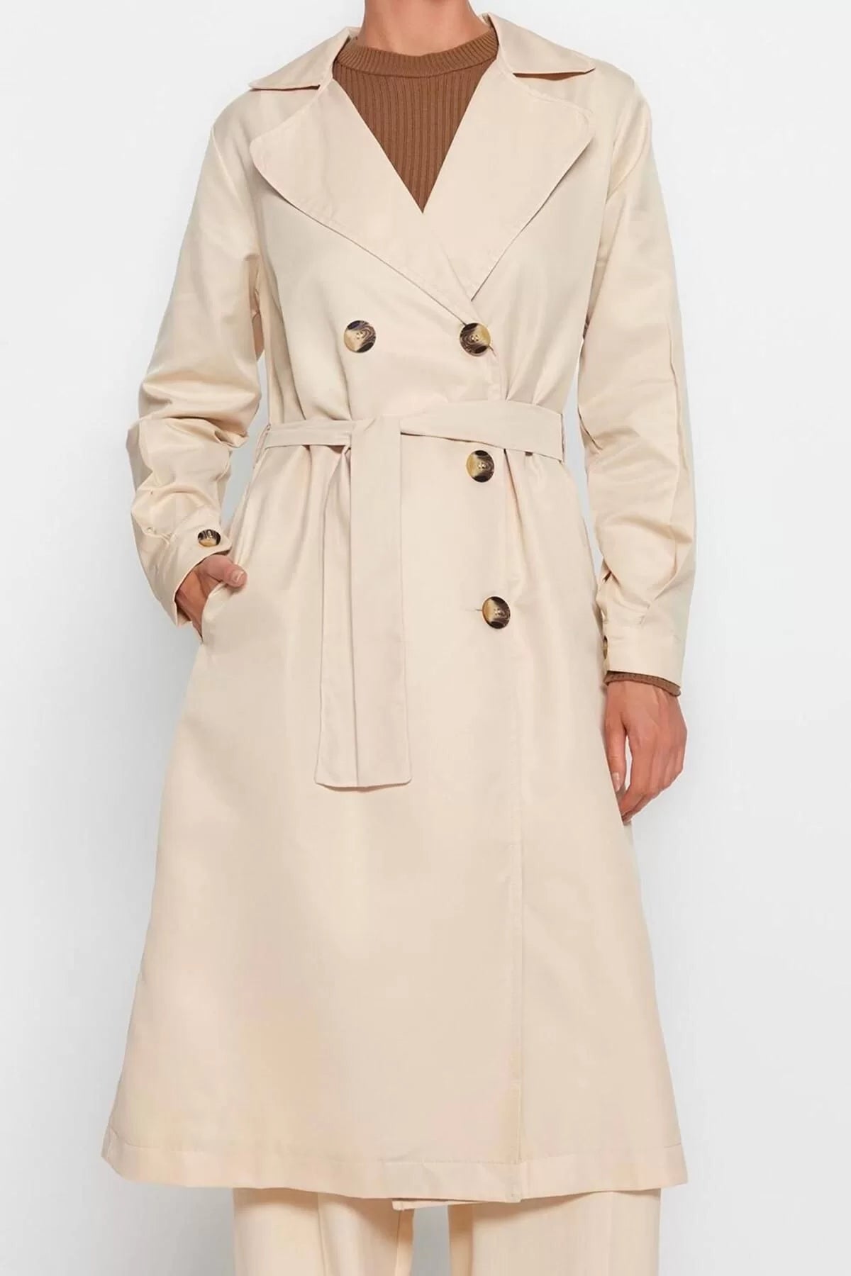 Women Fashion Stylish Oversize Jacket Collar Long Plain Unlined Belted Water Repellent Long Trench Coat