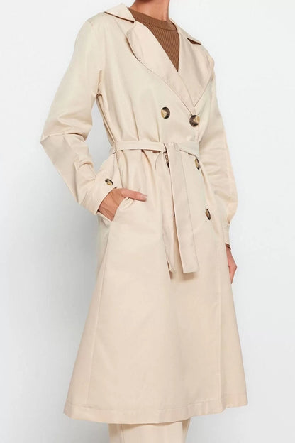 Women Fashion Stylish Oversize Jacket Collar Long Plain Unlined Belted Water Repellent Long Trench Coat