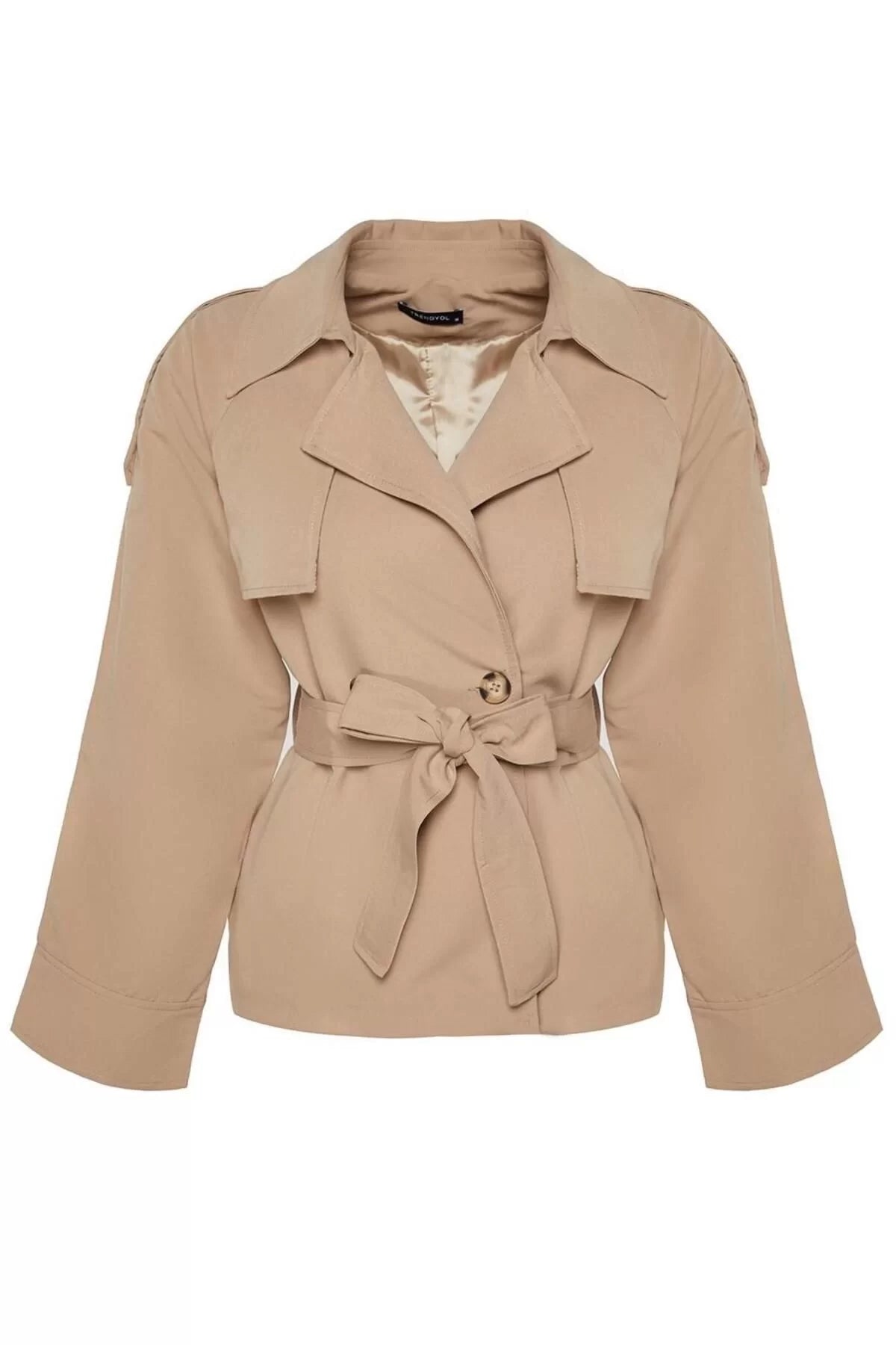 Women Fashion Stylish Oversize Jacket Collar Standard Plain Lined Oversize Wide Cut Belted Trench Coat