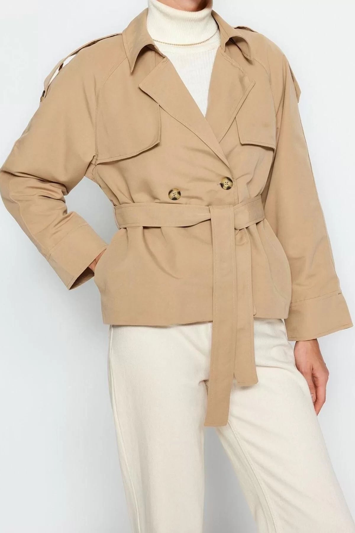 Women Fashion Stylish Oversize Jacket Collar Standard Plain Lined Oversize Wide Cut Belted Trench Coat