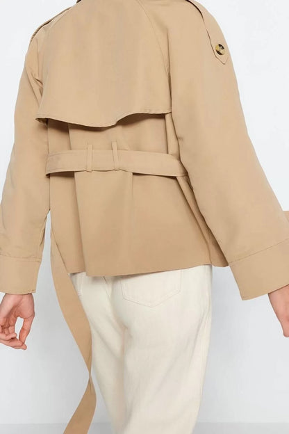 Women Fashion Stylish Oversize Jacket Collar Standard Plain Lined Oversize Wide Cut Belted Trench Coat