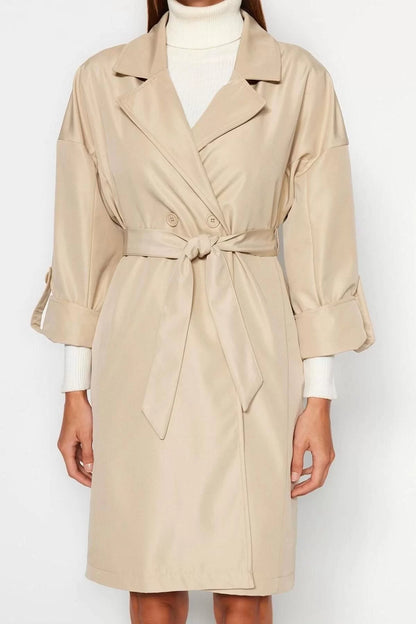 Women Fashion Stylish Oversize Jacket Collar Midi Plain Lined Oversize Belted Water Repellent Long Trench Coat