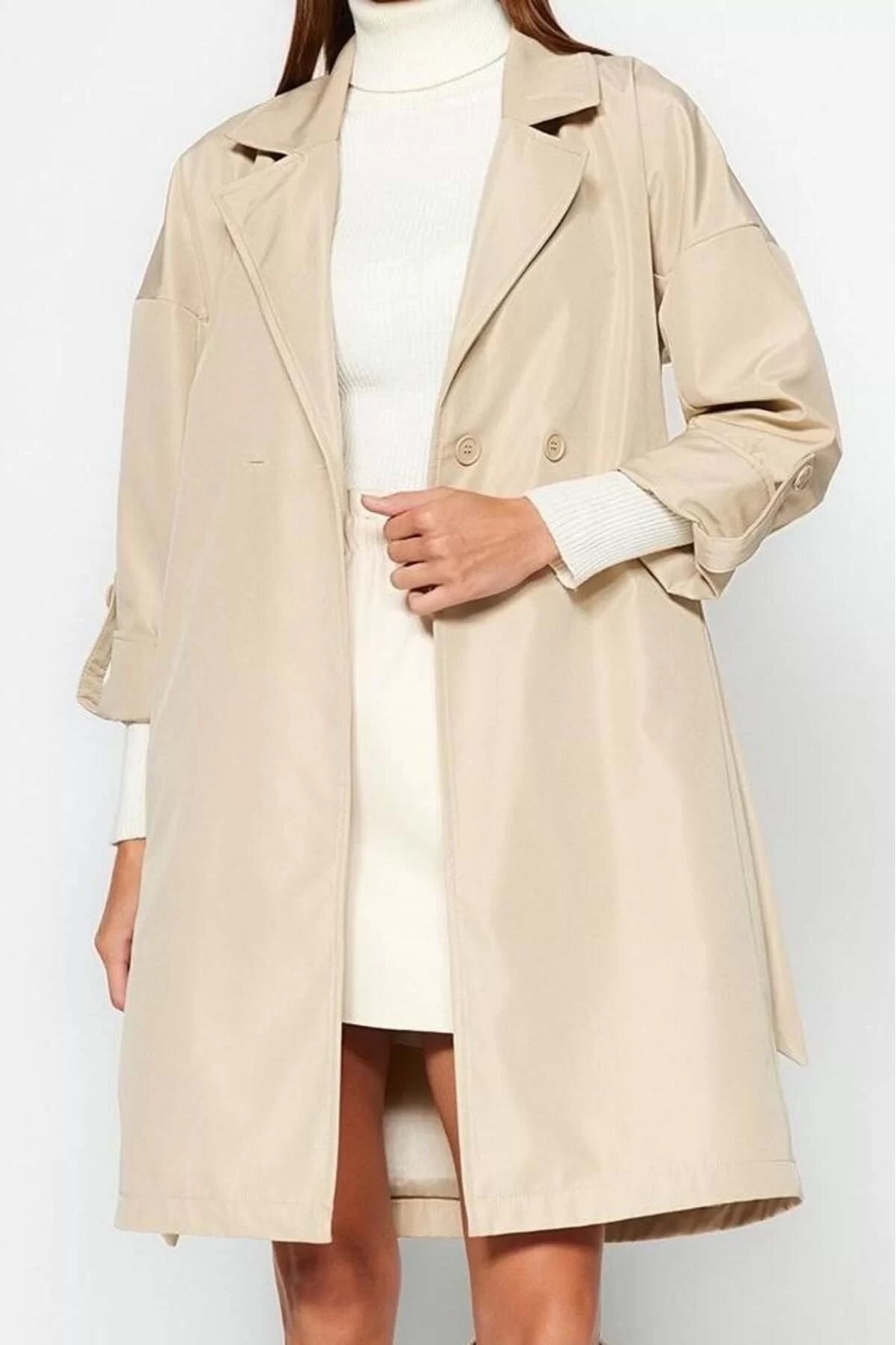 Women Fashion Stylish Oversize Jacket Collar Midi Plain Lined Oversize Belted Water Repellent Long Trench Coat