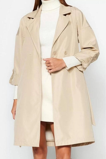 Women Fashion Stylish Oversize Jacket Collar Midi Plain Lined Oversize Belted Water Repellent Long Trench Coat