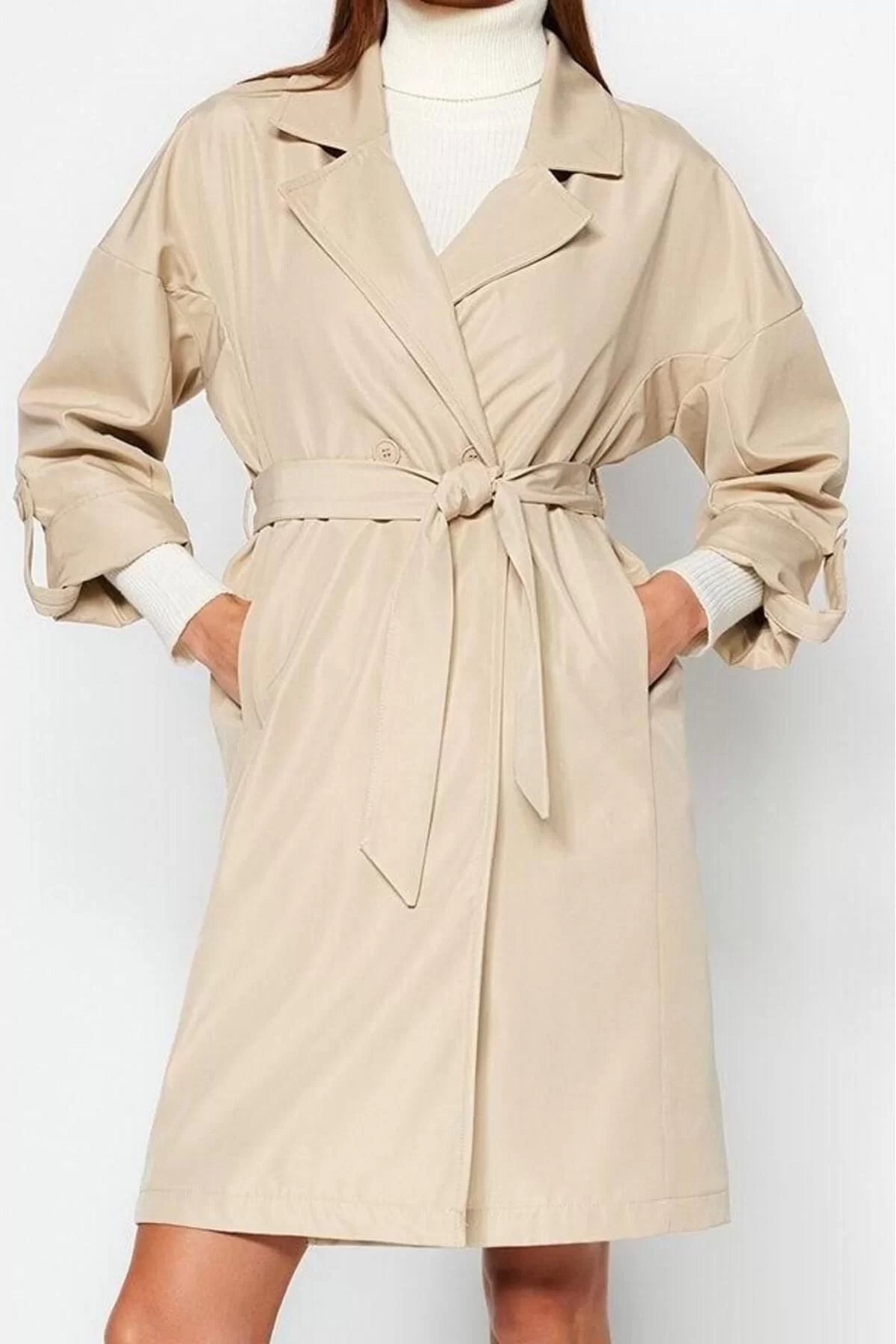 Women Fashion Stylish Oversize Jacket Collar Midi Plain Lined Oversize Belted Water Repellent Long Trench Coat