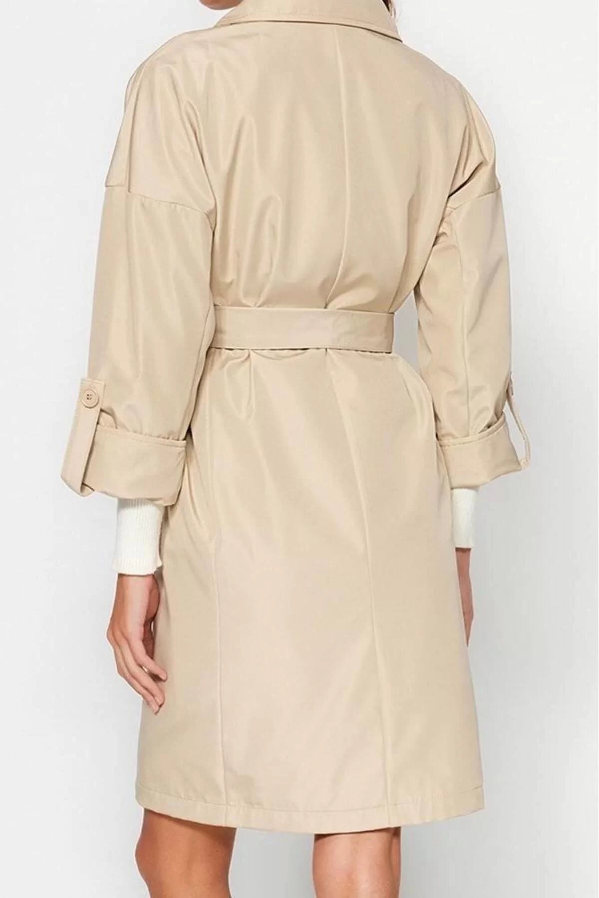 Women Fashion Stylish Oversize Jacket Collar Midi Plain Lined Oversize Belted Water Repellent Long Trench Coat