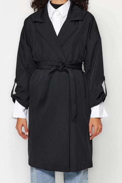 Women Fashion Stylish Oversize Jacket Collar Midi Plain Lined Oversize Belted Water Repellent Long Trench Coat