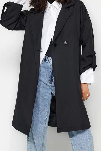 Women Fashion Stylish Oversize Jacket Collar Midi Plain Lined Oversize Belted Water Repellent Long Trench Coat