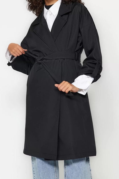 Women Fashion Stylish Oversize Jacket Collar Midi Plain Lined Oversize Belted Water Repellent Long Trench Coat