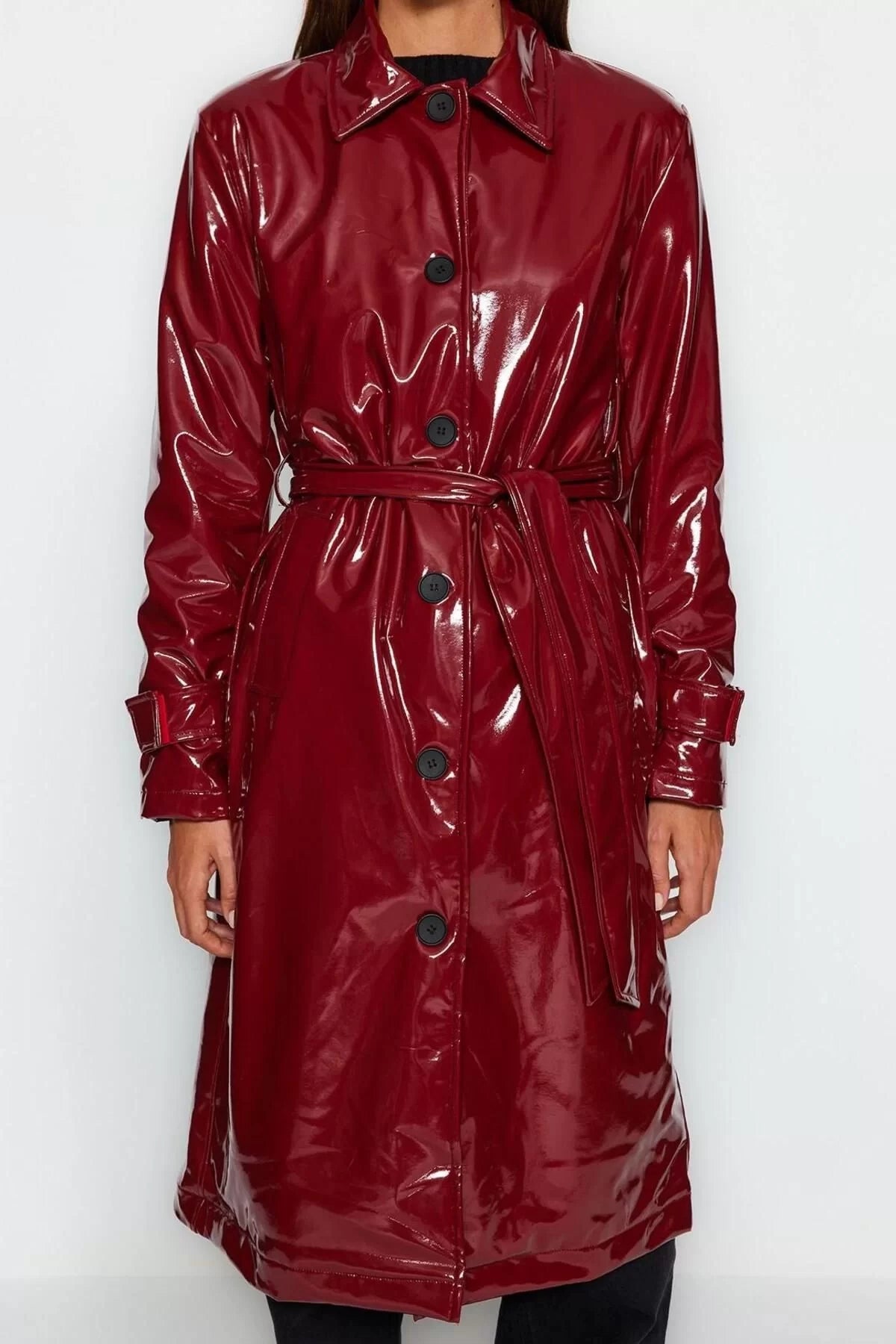 Women Fashion Stylish Regular Square Collar Long Plain Lined Shiny Belted Trench Coat