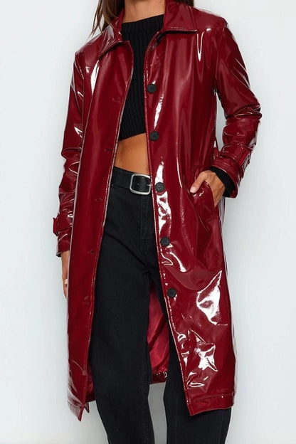 Women Fashion Stylish Regular Square Collar Long Plain Lined Shiny Belted Trench Coat