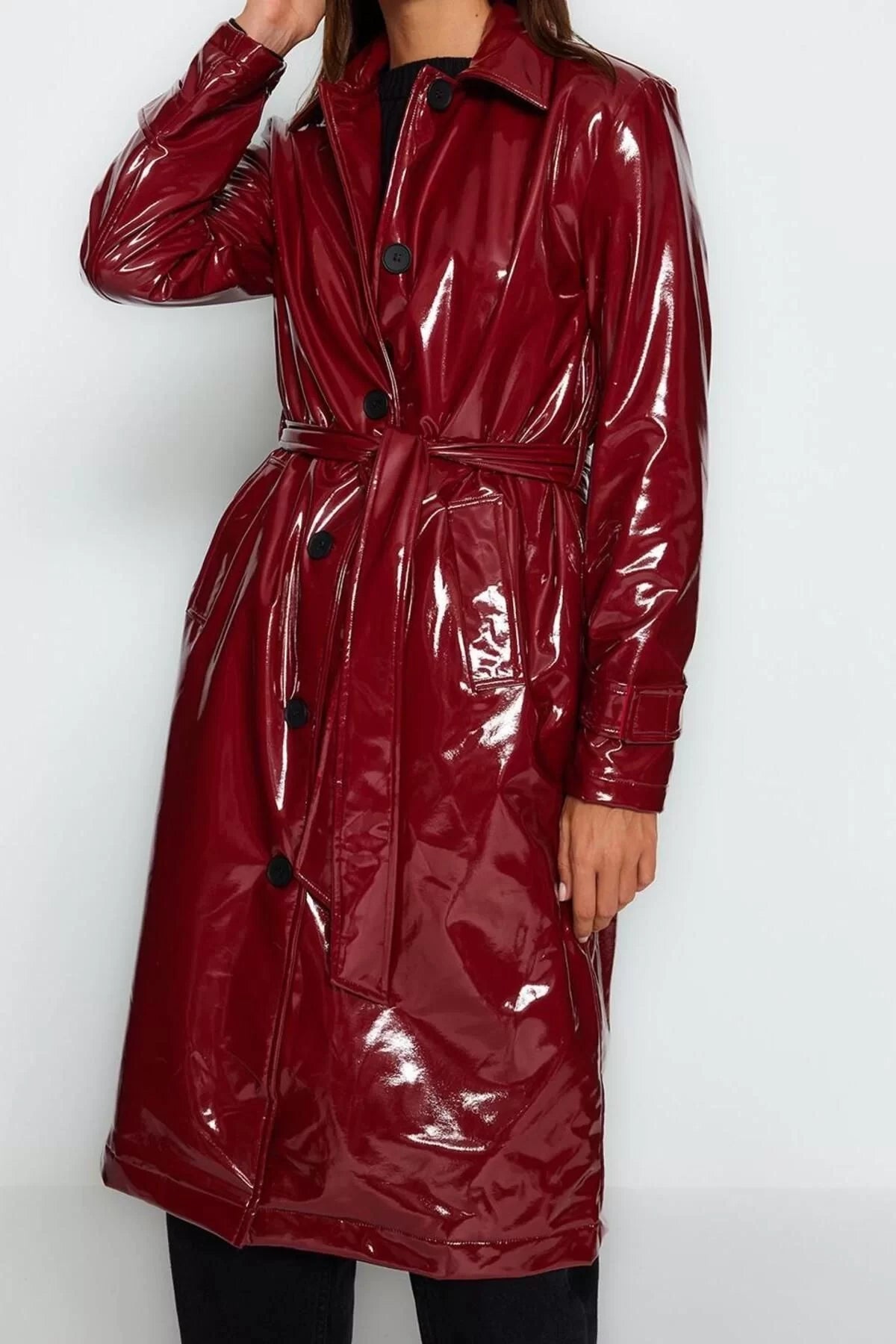 Women Fashion Stylish Regular Square Collar Long Plain Lined Shiny Belted Trench Coat