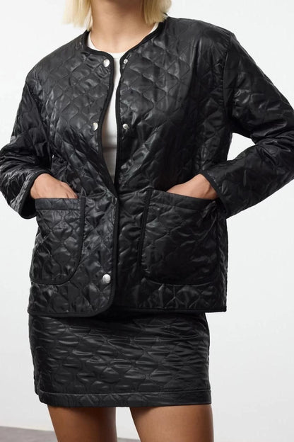 Women Fashion Stylish Regular Short Length Long Sleeve Quilted Woven Jacket-Skirt Set