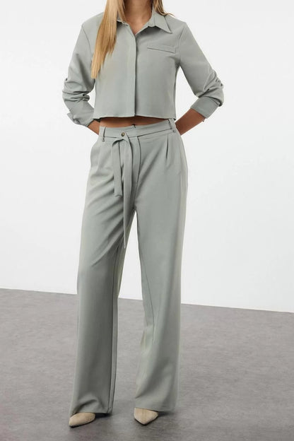 Women Fashion Stylish Regular Length Long Sleeve Crop Woven Shirt Wide Leg Belted Pant Set