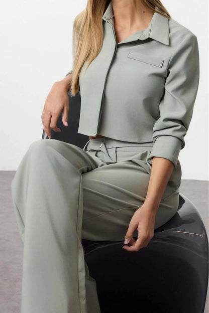 Women Fashion Stylish Regular Length Long Sleeve Crop Woven Shirt Wide Leg Belted Pant Set