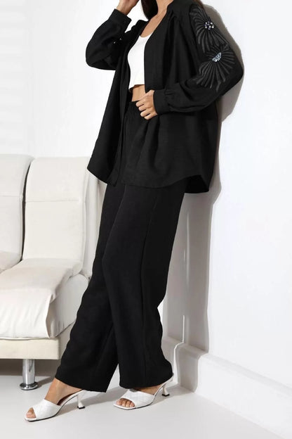 Women Fashion Stylish Regular Long Length Long Sleeve Embroidered Kimono-Pants Woven Bottom-Top Set