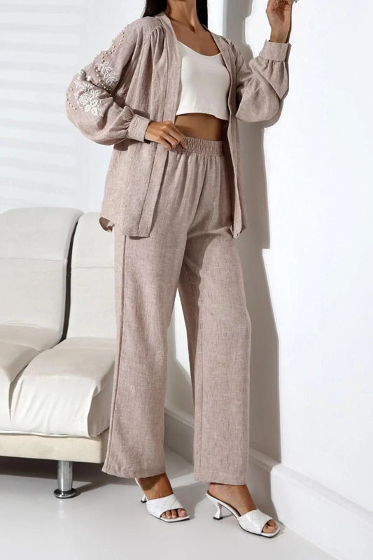 Women Fashion Stylish Regular Long Length Long Sleeve Embroidered Kimono-Pants Woven Bottom-Top Set