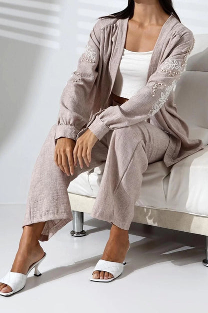 Women Fashion Stylish Regular Long Length Long Sleeve Embroidered Kimono-Pants Woven Bottom-Top Set