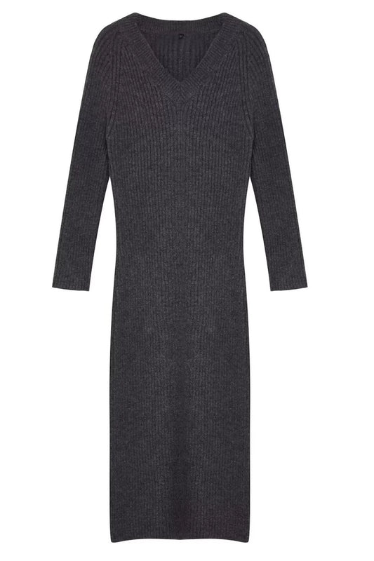 Women Fashion Stylish Maxi Length V Neck Regular Knitted Woolen Basic Dress