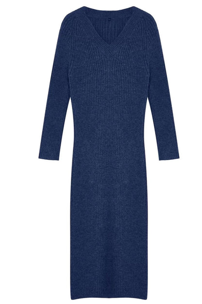 Women Fashion Stylish Maxi Length V Neck Regular Knitted Woolen Basic Dress