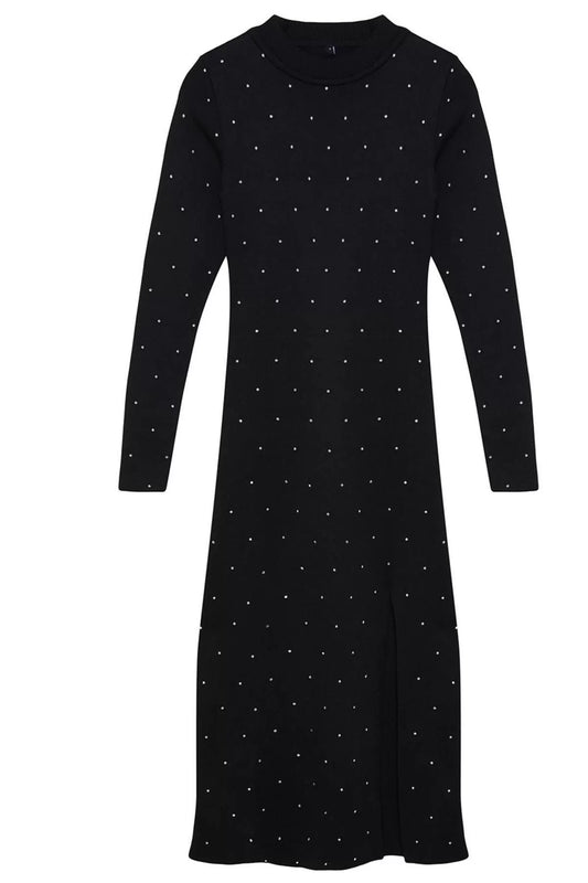 Women Fashion Stylish Midi Length Crew Neck Regular Knitwear Stone Embroidered Dress