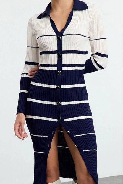 Women Fashion Stylish Midi Length Polo Neck Slim Knitwear Color Block Striped Dress