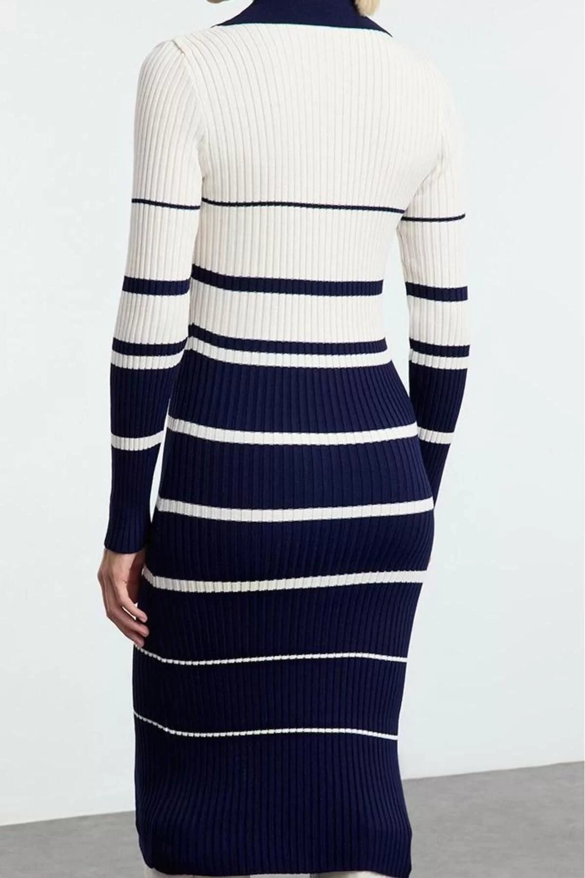 Women Fashion Stylish Midi Length Polo Neck Slim Knitwear Color Block Striped Dress