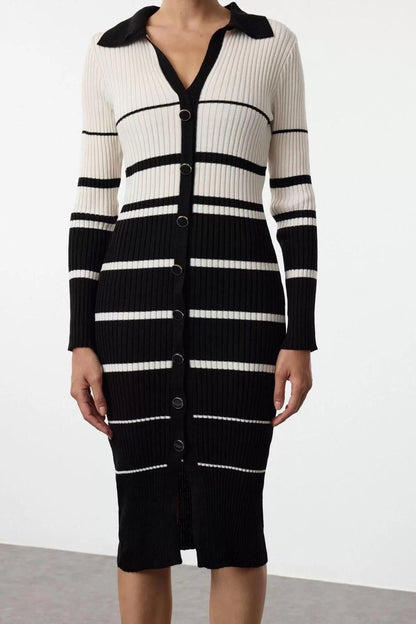 Women Fashion Stylish Midi Length Polo Neck Slim Knitwear Color Block Striped Dress