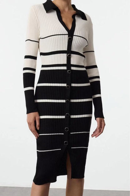 Women Fashion Stylish Midi Length Polo Neck Slim Knitwear Color Block Striped Dress