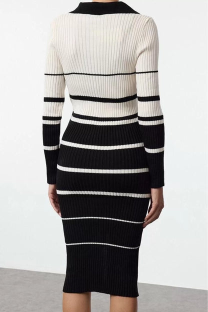 Women Fashion Stylish Midi Length Polo Neck Slim Knitwear Color Block Striped Dress