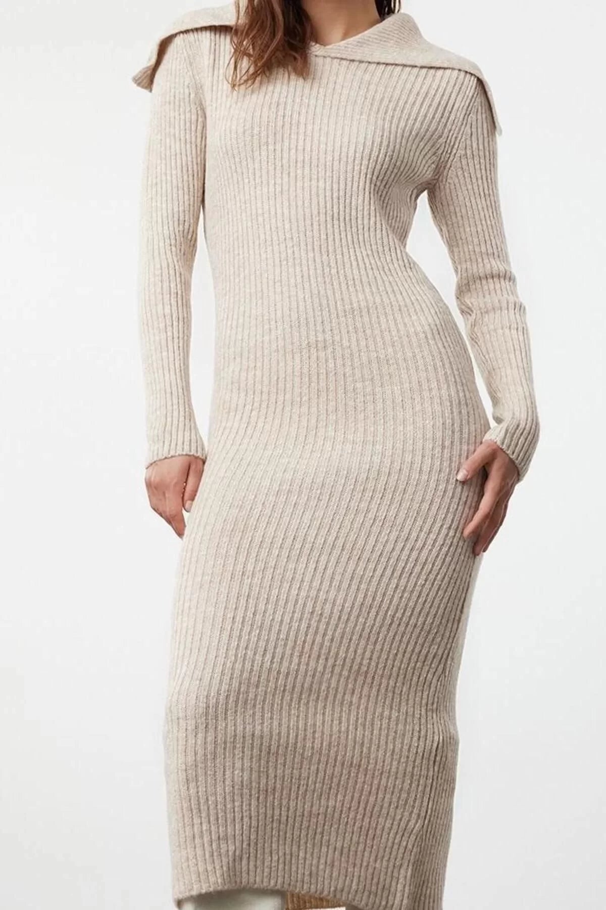 Women Fashion Stylish Midi Length Carmen Collar Regular Knitwear Soft Texture Turn-down Collar Dress